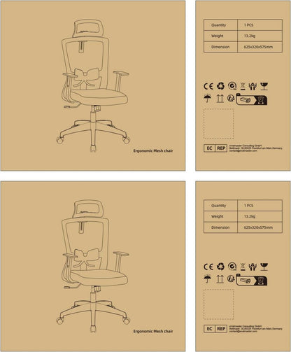Airchros Bürostuhl ergonomisch verstellbar mit Kopfstütze, Armlehnen, Lendenwirbelstütze bis 135°, belastbar 150kg