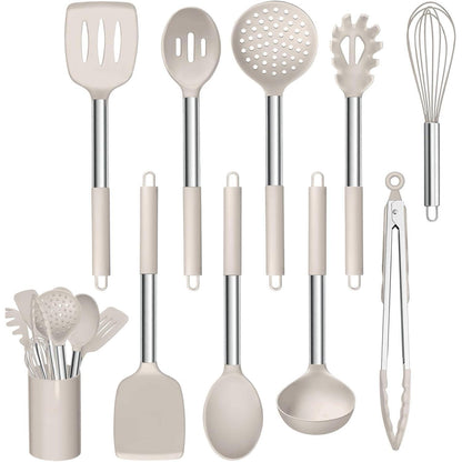 Küchenhelfer Set 10tlg. Silikon mit Edelstahlgriff Khaki