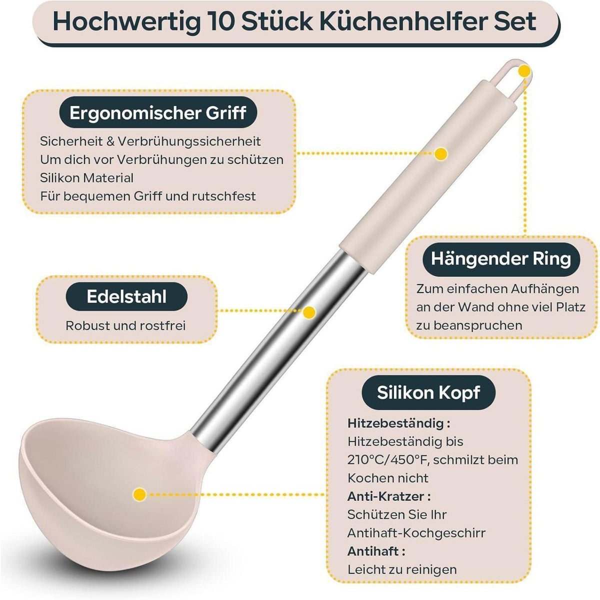 Küchenhelfer Set 10tlg. Silikon mit Edelstahlgriff Khaki