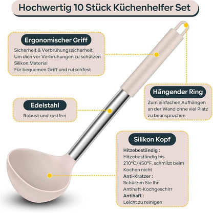 Küchenhelfer Set 10tlg. Silikon mit Edelstahlgriff Khaki