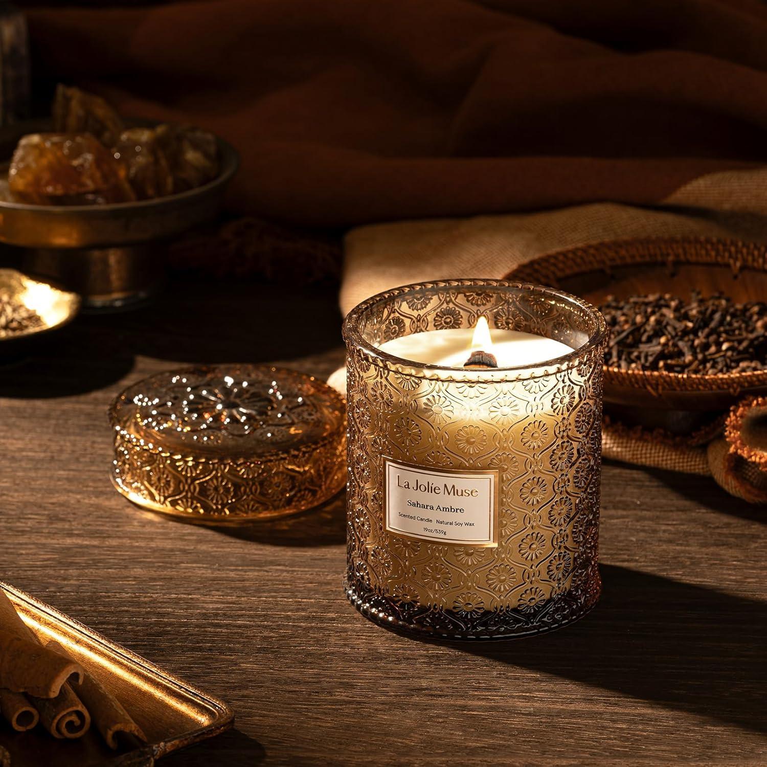 Amber Duftkerze 540g Holzdocht langbrennend Glaskerze 90h Brenndauer