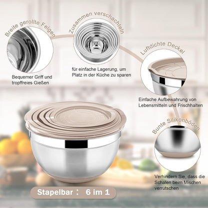 Edelstahl Rührschüssel Set Salatschüssel 6er mit Luftdichtem Deckel