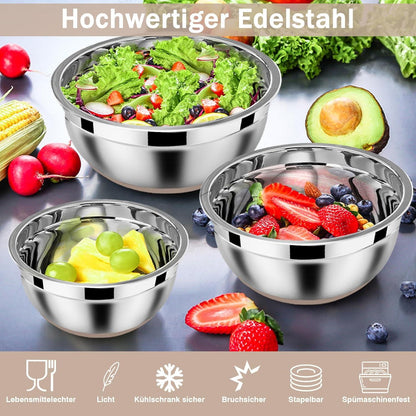 Homikit Edelstahl Rührschüssel Set Luftdichtem Deckel Silikonboden 6er 4.6L/2.8L/2.5L/1.6L/1.2L/0.7L