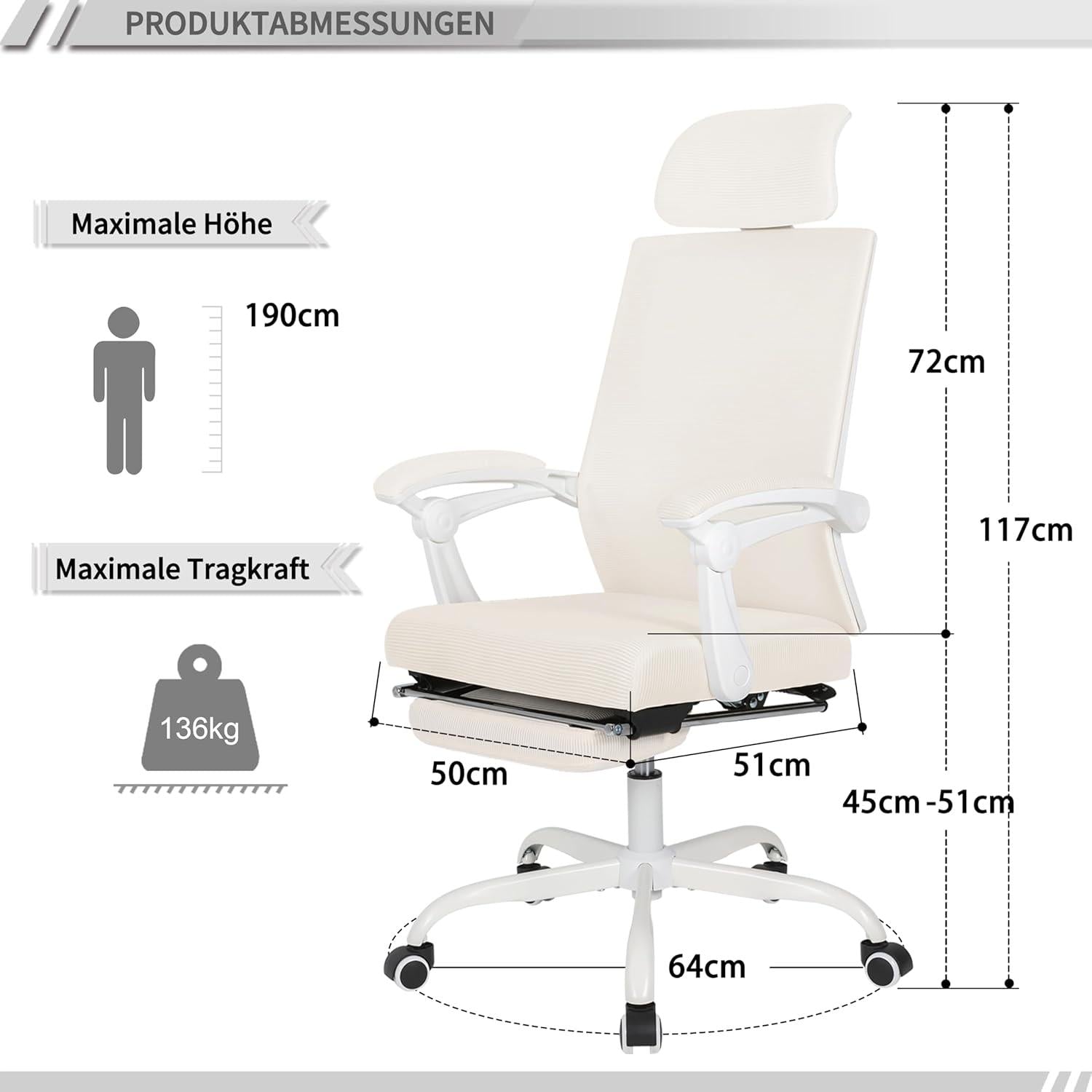 Ergonomischer Mesh-Bürostuhl mit Fußstütze und verstellbarer