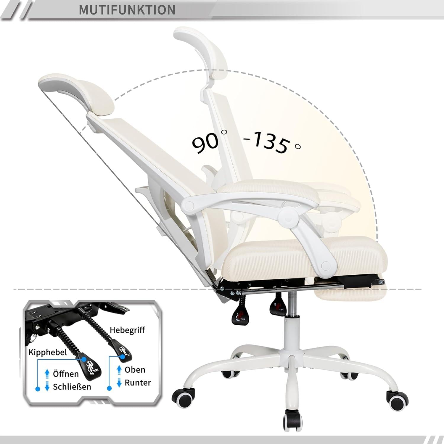 Ergonomischer Bürostuhl Mesh mit Fußstütze Kopfstütze Lendenwirbelstütze Neigbar