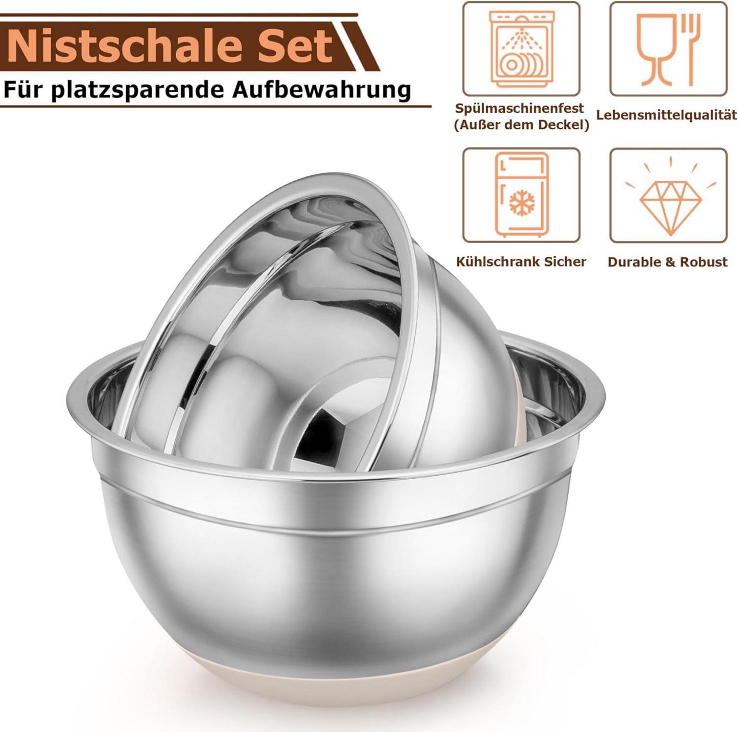 Edelstahl Rührschüssel Set Salatschüssel Luftdicht Deckel Silikonboden