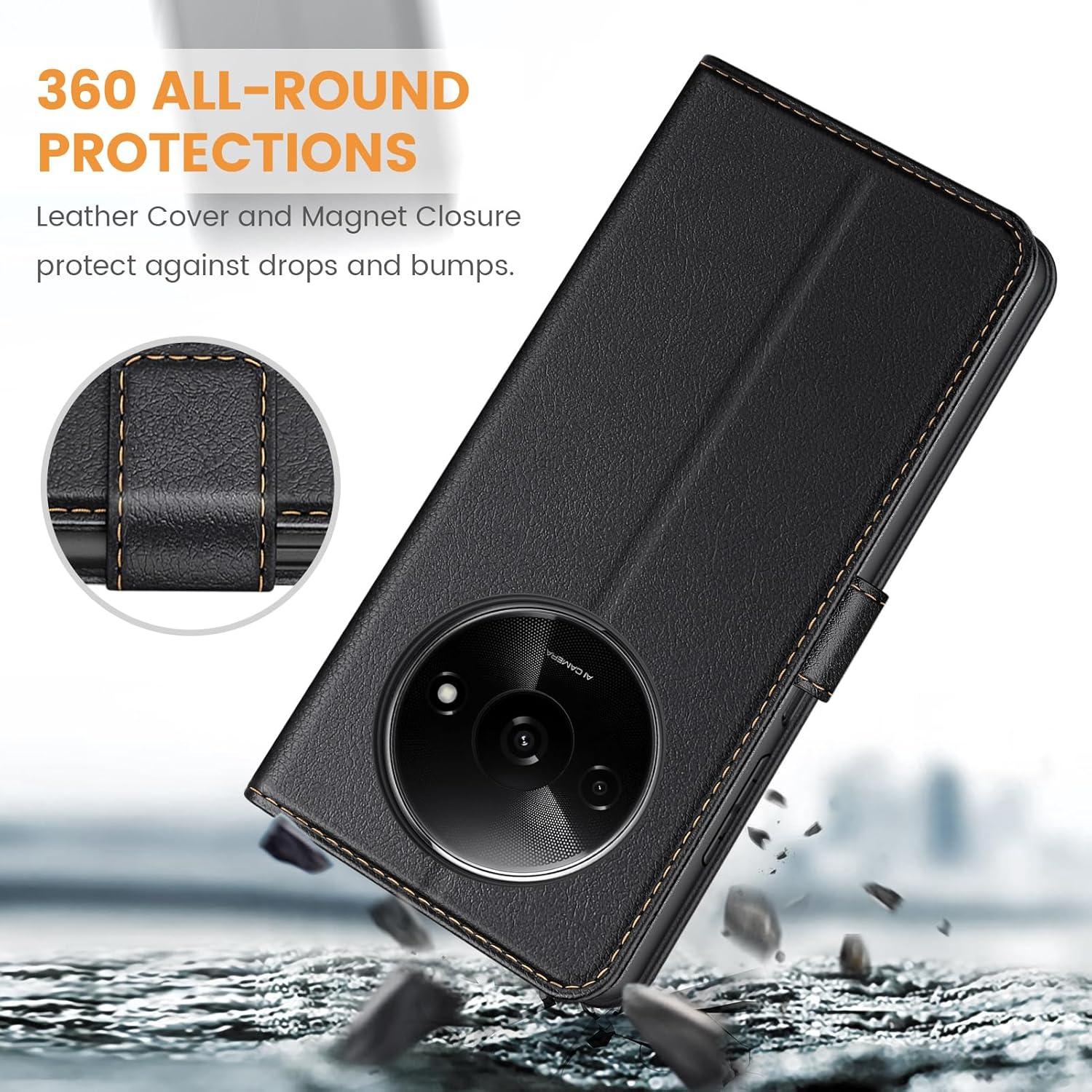 Premium Leder Handyhülle für Xiaomi Redmi A3 - Schwarz, Klapphülle mit