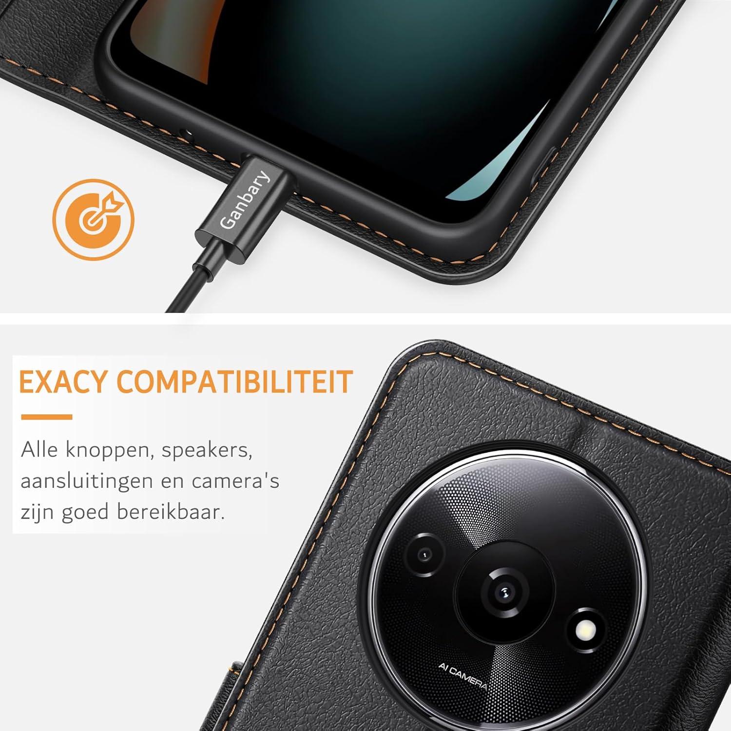 Premium Leder Handyhülle für Xiaomi Redmi A3 - Schwarz, Klapphülle mit
