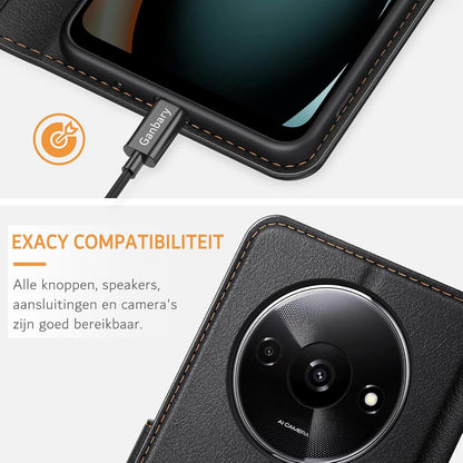 Premium Leder Handyhülle für Xiaomi Redmi A3 - Schwarz, Klapphülle mit