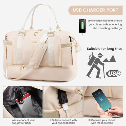 Sporttasche Damen LOVEVOOK Weekender Reisetasche mit Schuhfach Beige