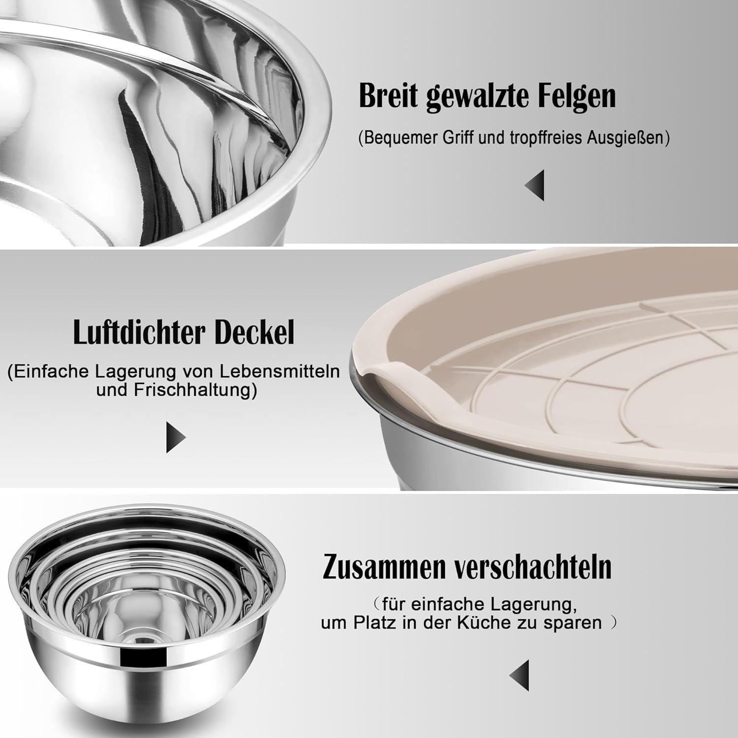Edelstahl Rührschüssel Set mit Luftdicht Deckel 5 teilig