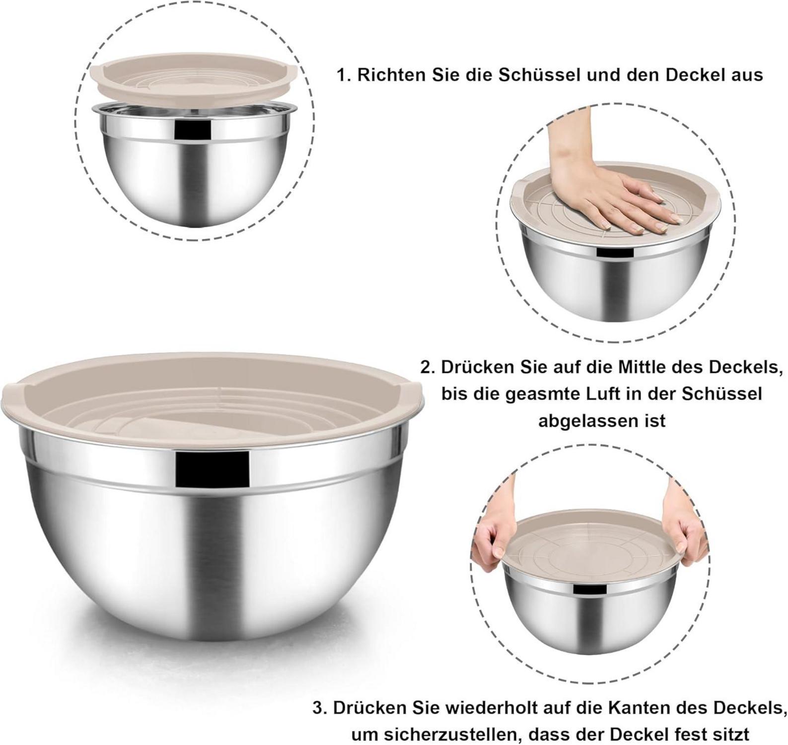 Homikit Edelstahl Rührschüssel Set 5-teilig mit Luftdicht Deckel 4.5L 2.7L 1.5L