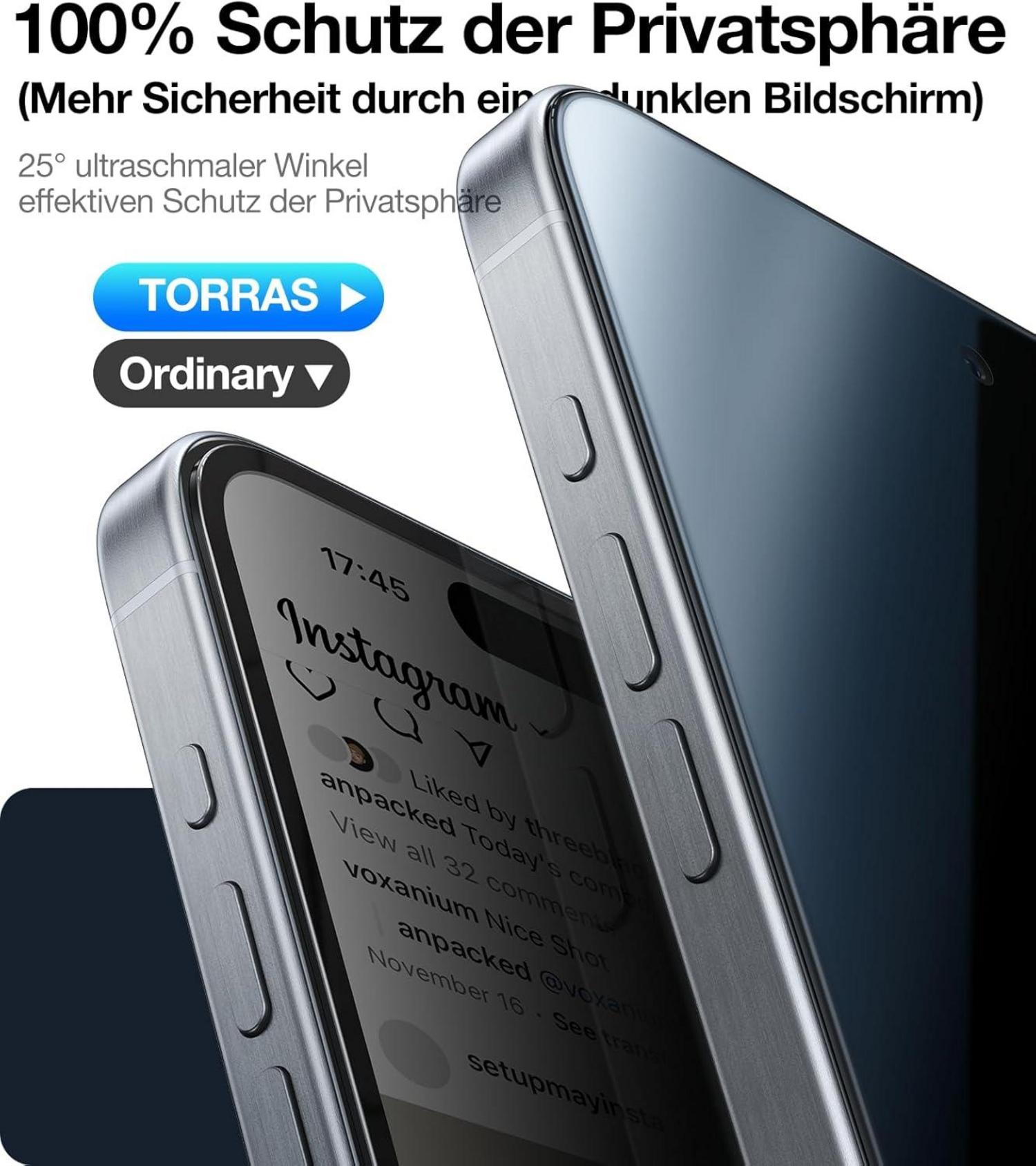 TORRAS Panzerglas Sichtschutzfolie iPhone 15 Pro Max 9H+ Bruchsicher 2 Stück Schwarz