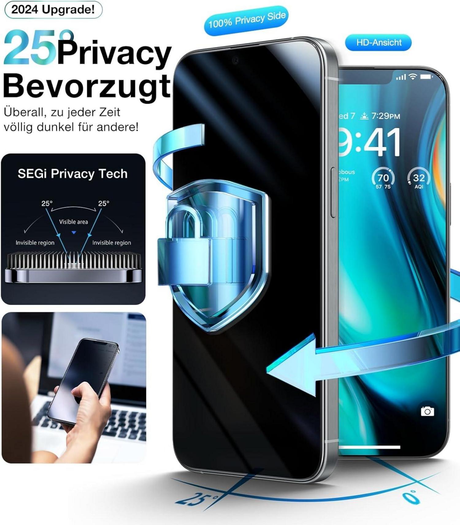 iPhone 15 Panzerglas Sichtschutzfolie 9H+ Schwarz 2 Stück