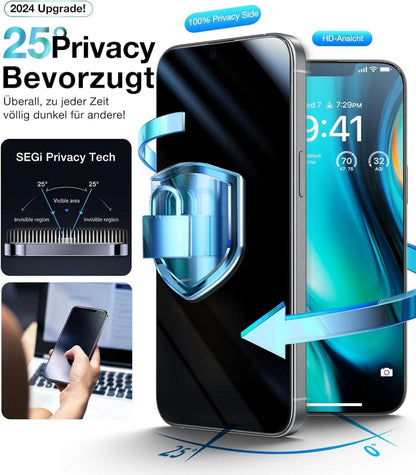 iPhone 15 Panzerglas Sichtschutzfolie 9H+ Schwarz 2 Stück