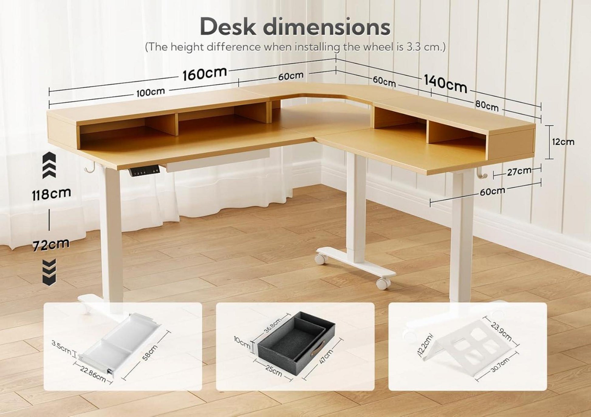 Höhenverstellbarer Eckschreibtisch 160x140cm Dual-Motor L-Form Beige