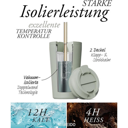 Thermobecher mit Strohhalm 470ml doppelwandig isoliert aus