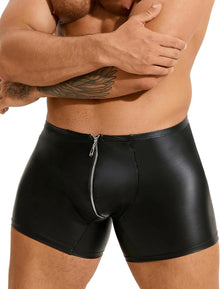 Herren PU Leder Boxershort Reißverschluss Schwarz Wetlook Unterwäsche
