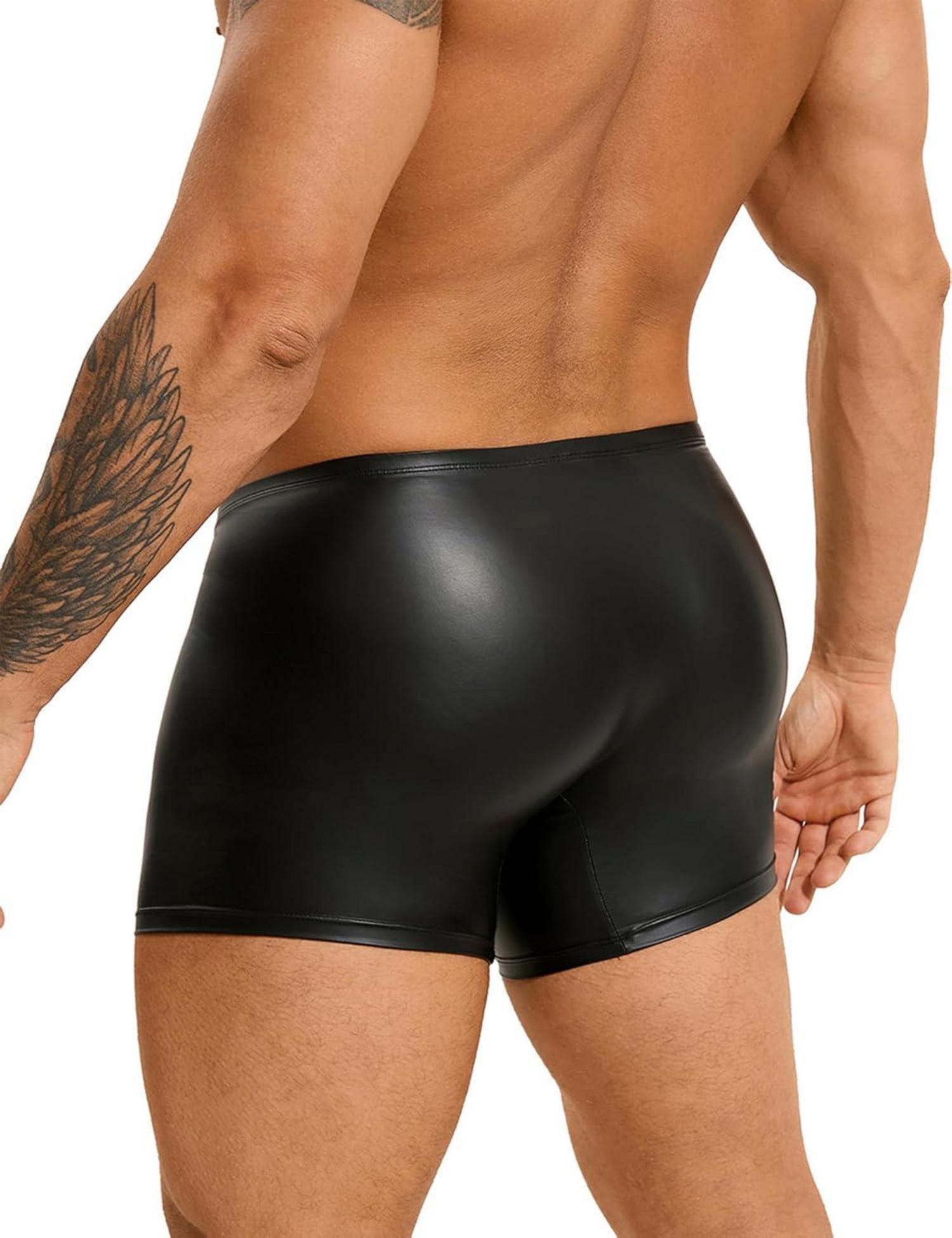 Herren PU Leder Boxershort Reißverschluss Schwarz Wetlook Unterwäsche