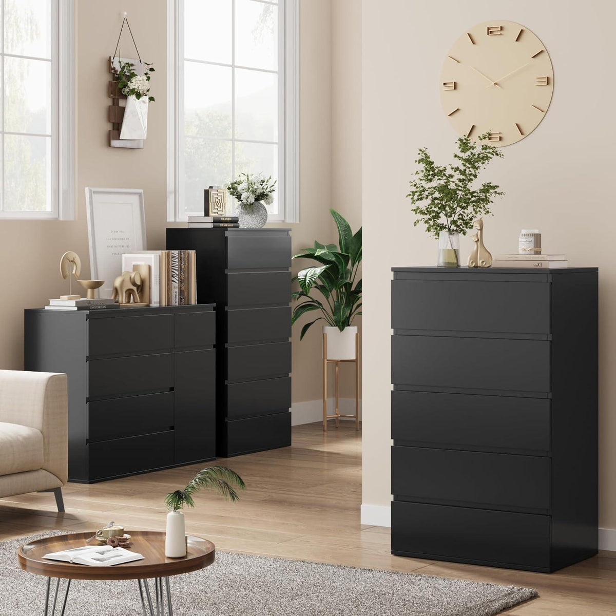 Schwarze Kommode mit 5 Schubladen – 60x40x100cm