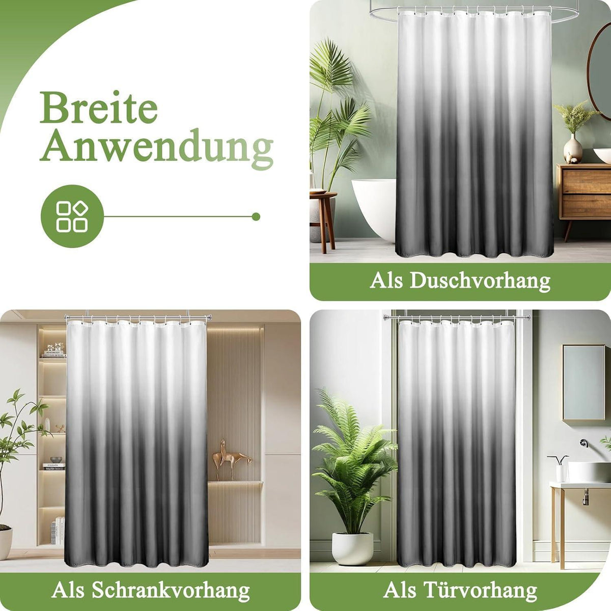 Textil Duschvorhang Grau 240x200cm Wasserdicht Farbverlauf