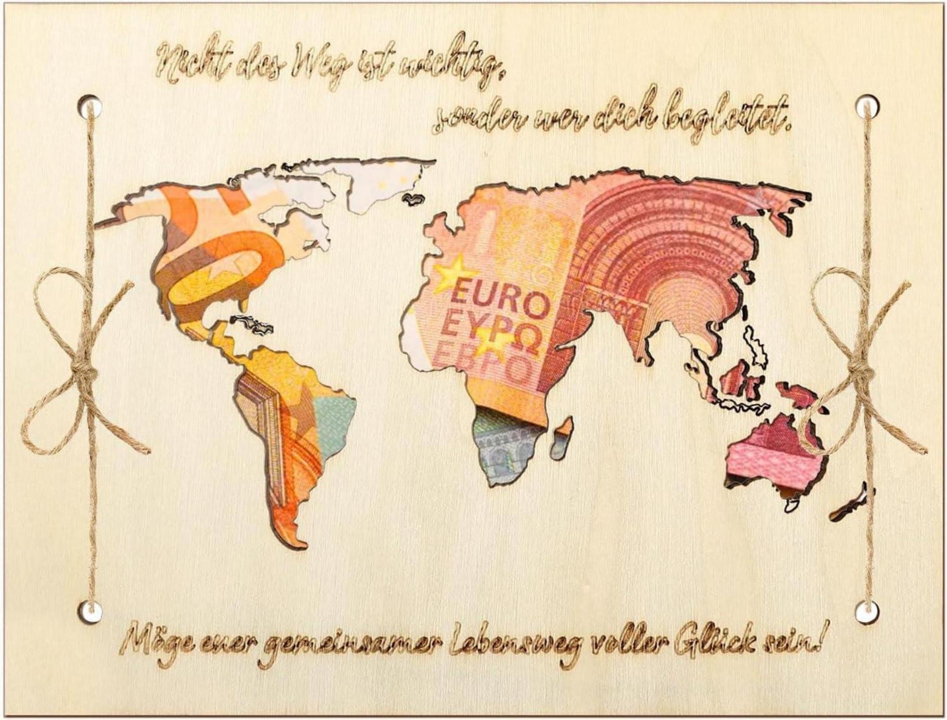 Hochzeit Geldgeschenke Weltkarte Grußkarte Holz Verpackung