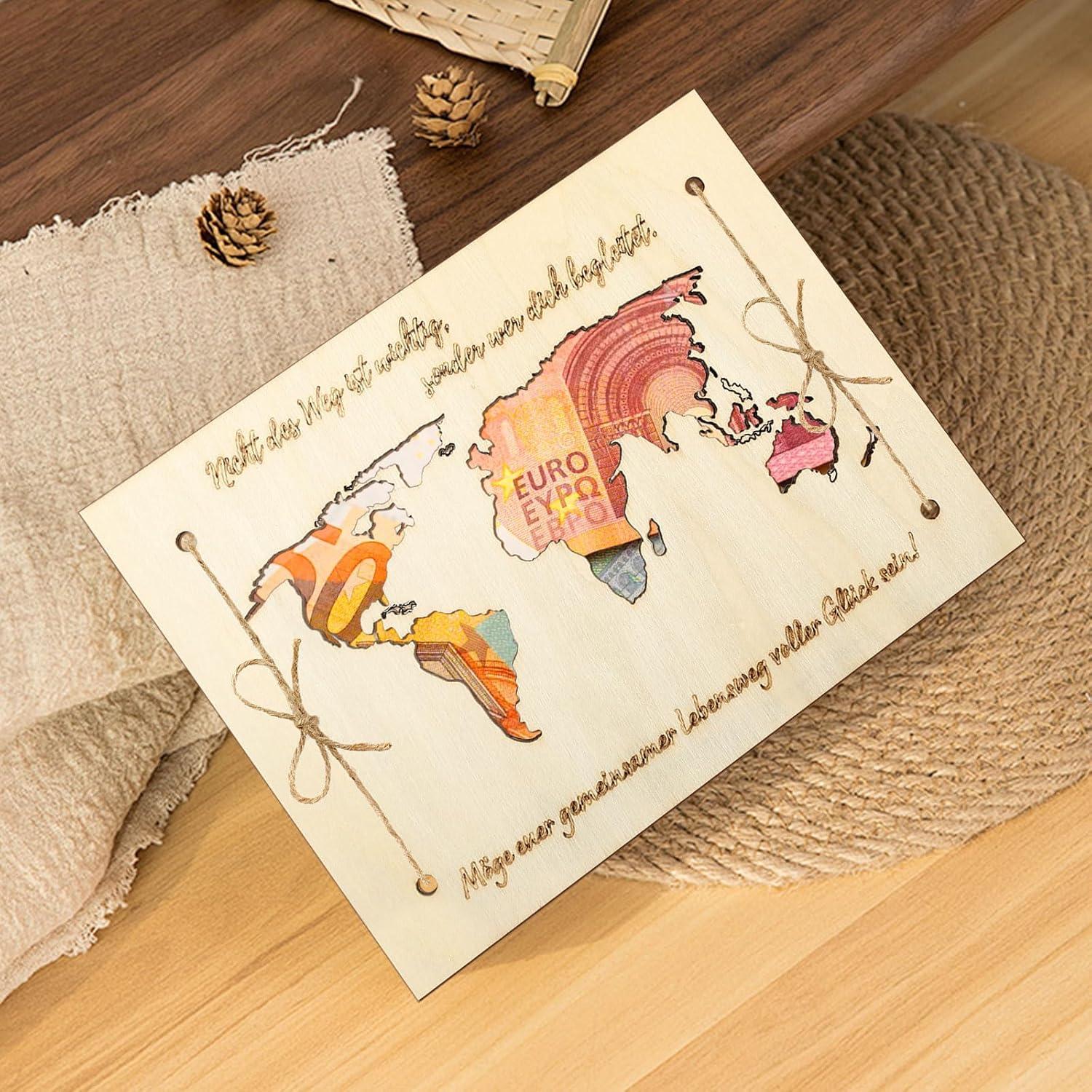 Hochzeit Geldgeschenke Weltkarte Grußkarte Holz Verpackung