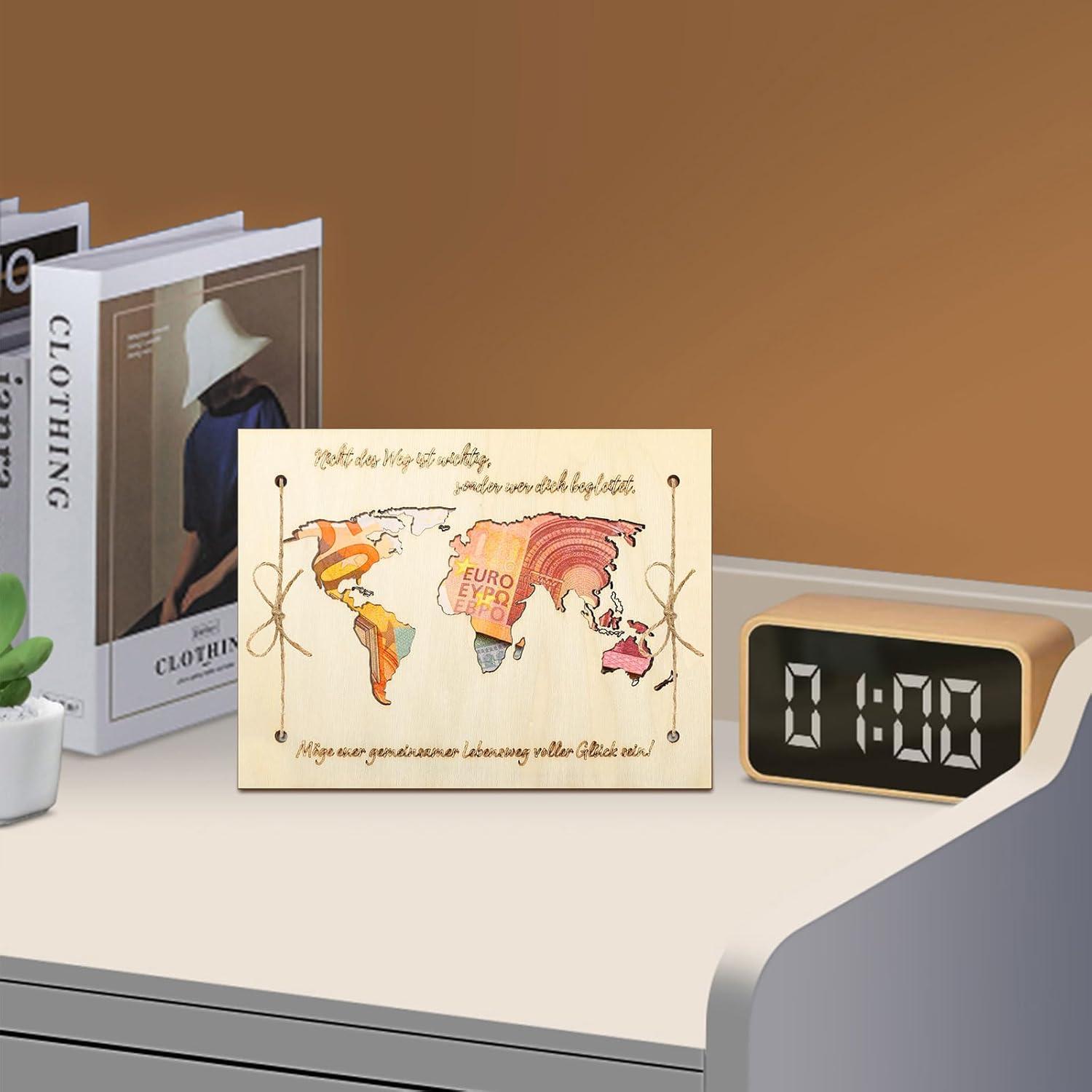 Geldgeschenk Hochzeit Weltkarte Holz Grußkarte Geschenk Partner Reise