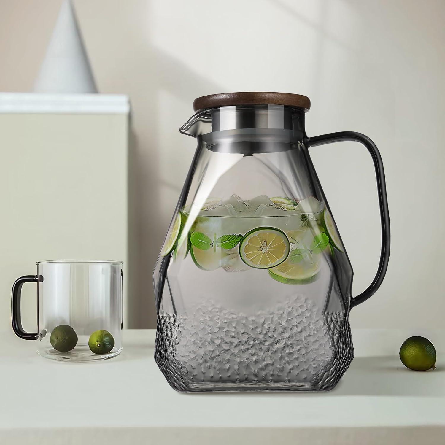 Glaskaraffe 1.8L Schwarz Wasserkaraffe Kühlschrank Glas Deckel Krug