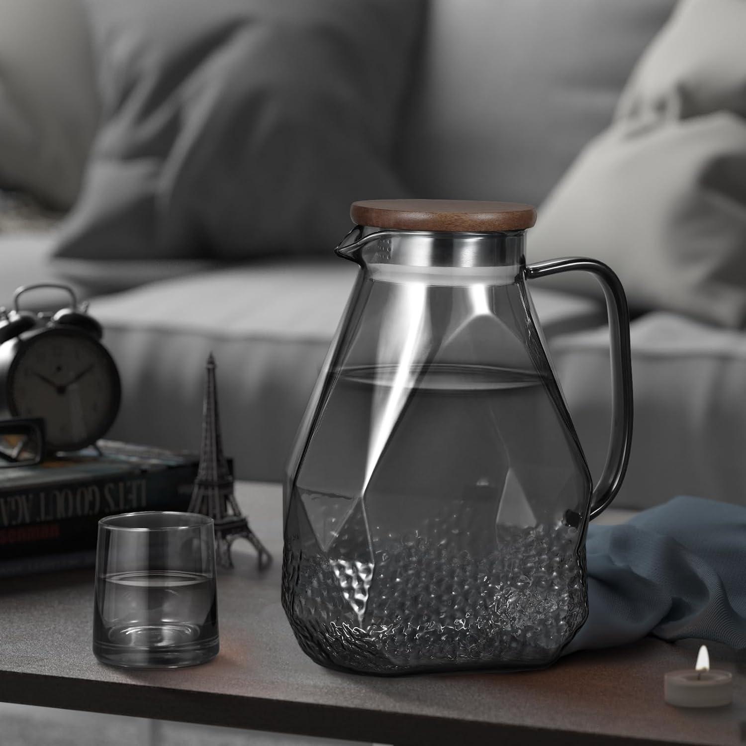 Glaskaraffe 1.8L Wasserkaraffe mit Deckel Schwarz für Kühlschrank