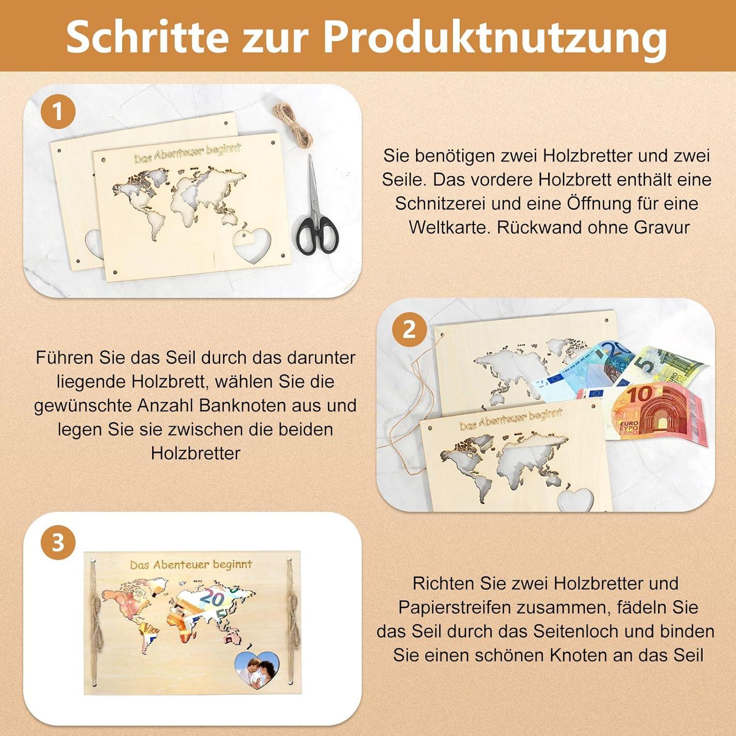 Geldgeschenk Hochzeit Brautpaar Holz Weltkarte Herz Design