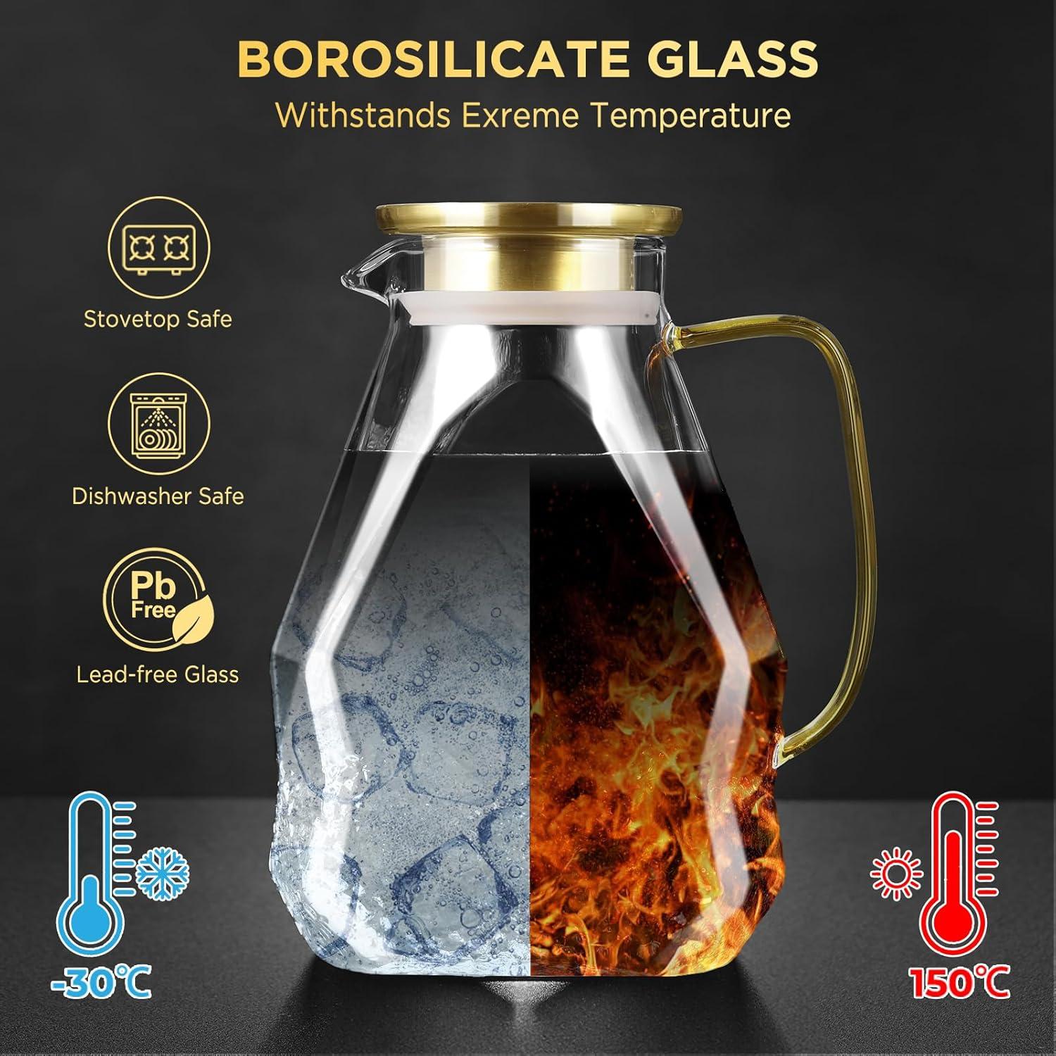 Glaskaraffe 1.8L mit Edelstahl Deckel für Kühlschrank, Wasserkrug