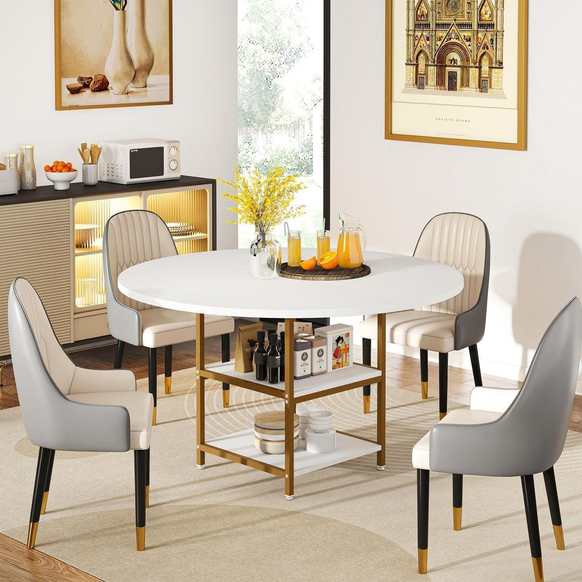 Runder Esstisch mit Ablage | 120x75cm | Weißgold | Esszimmer Küchentisch