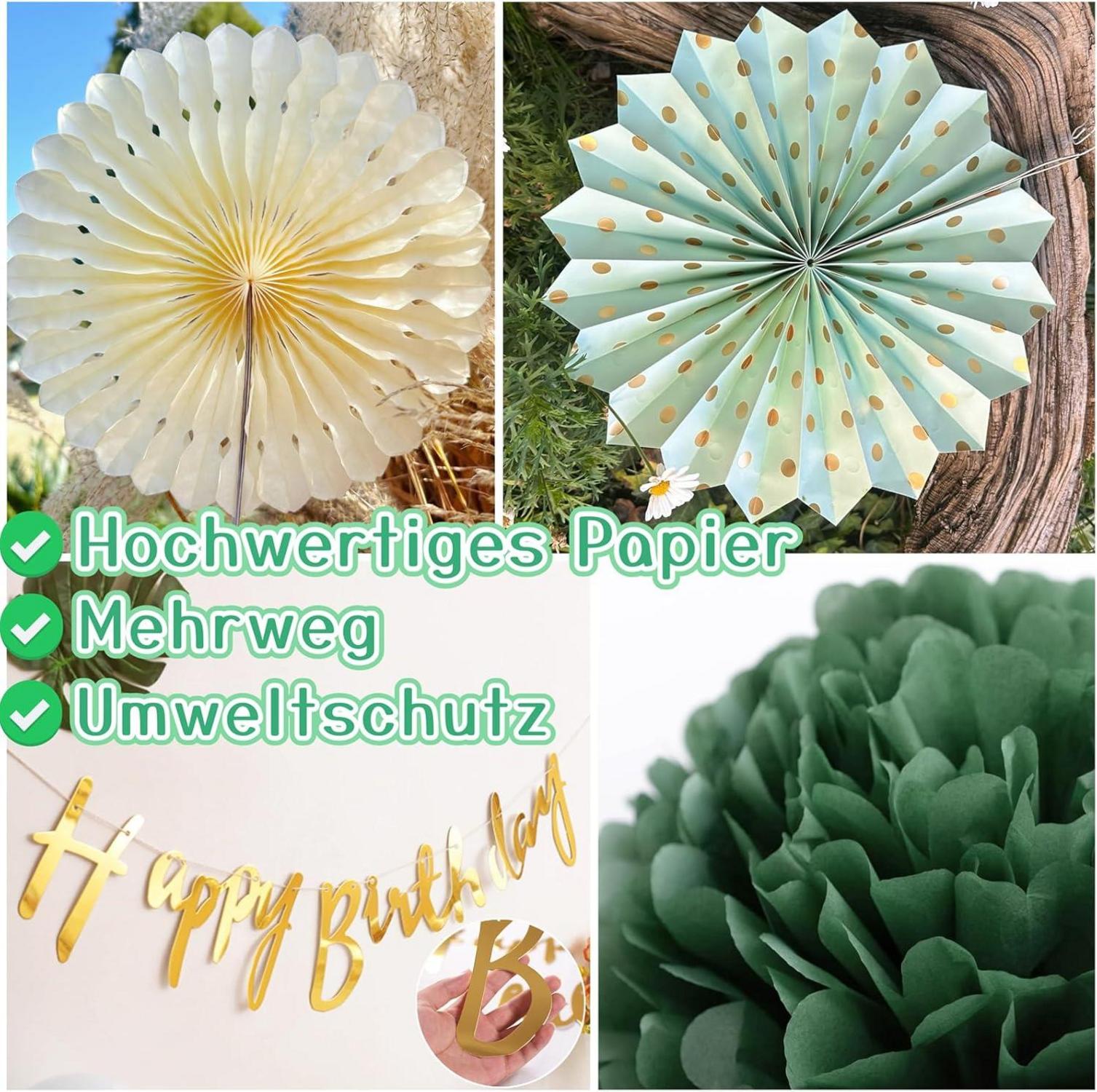 Premium Happy Birthday Deko Set 30.Geburtstag Frauen Wimpelkette Pompons Sage