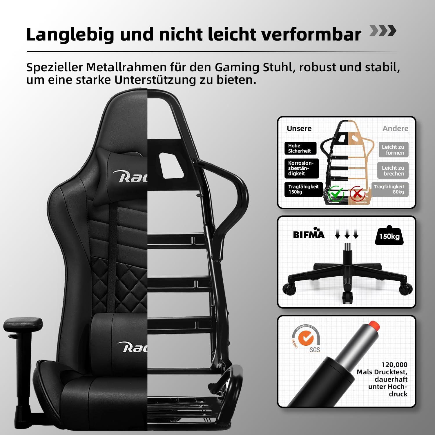 Gaming Stuhl Bürostuhl Lendenkissen Armlehne Kopfstütze Wippfunktion