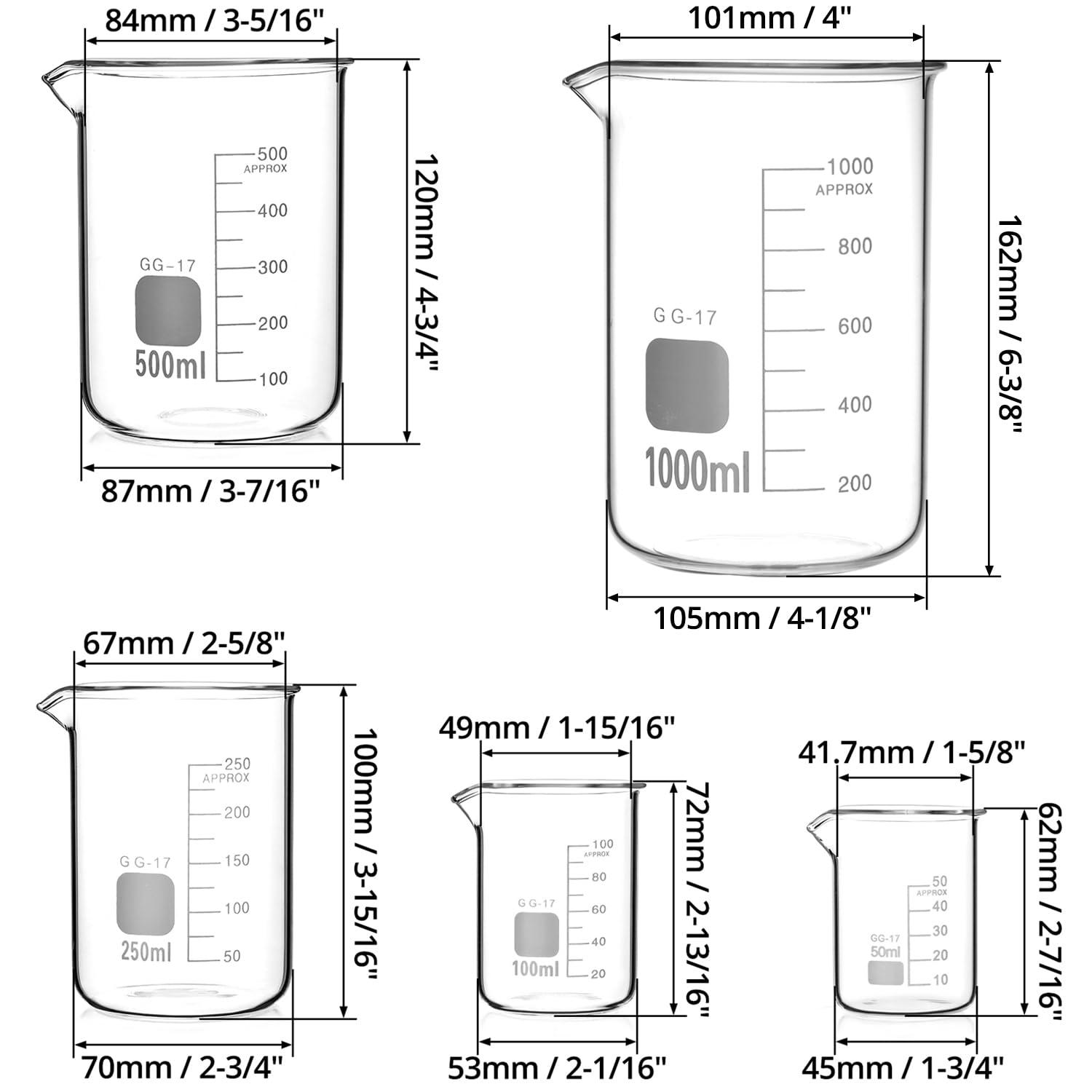 Glas Becherglas Set 50ml - 1000ml, Abgestufte Messbecher Labor Küche