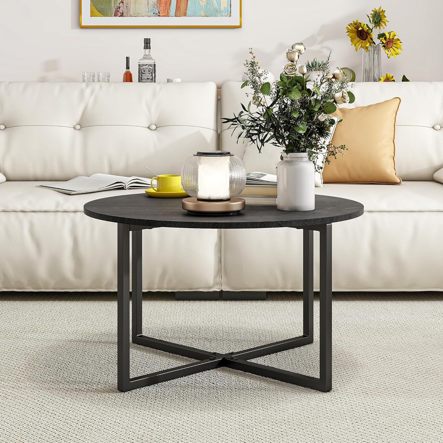 Runder Couchtisch mit Metallbeinen und Holzoptik Schwarz