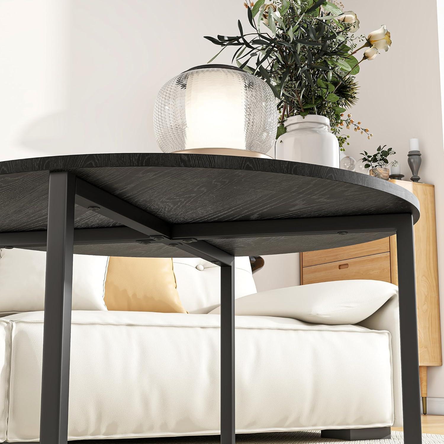 Runder Couchtisch Schwarz mit Metallbeinen & Holzoptik 72cm