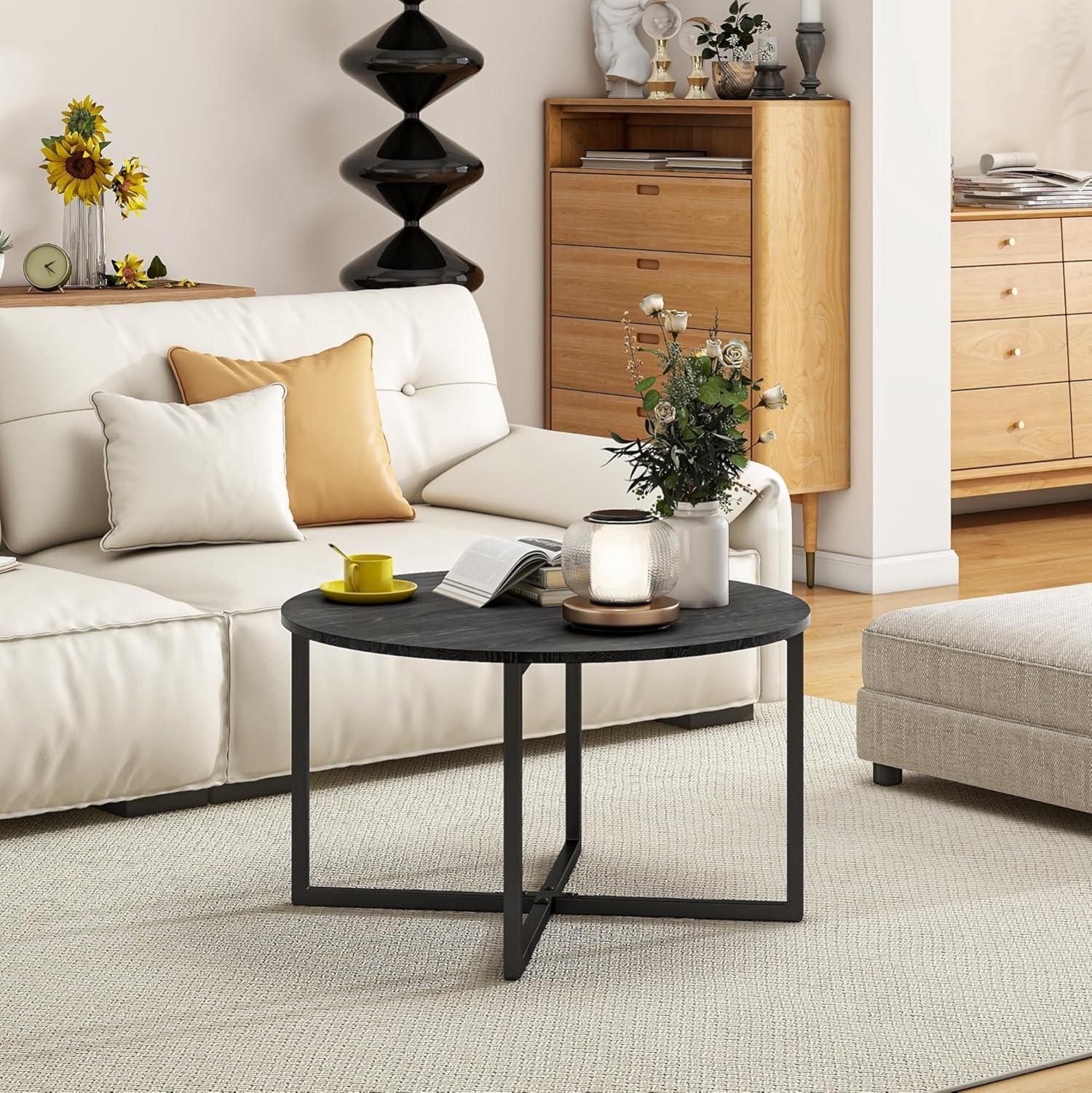 Runder Couchtisch Schwarz Metallbeine Holzoptik 72cm