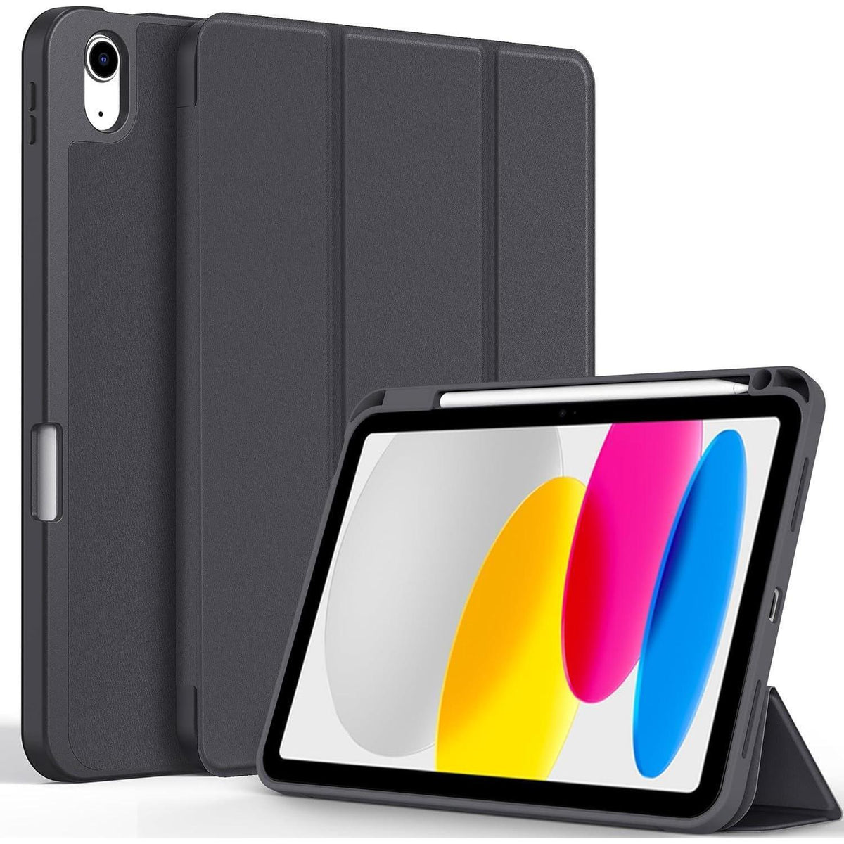 iPad Hülle mit Stifthalter, dreifach faltbar, Auto Schlafen/Wachen, Dunkelgrau