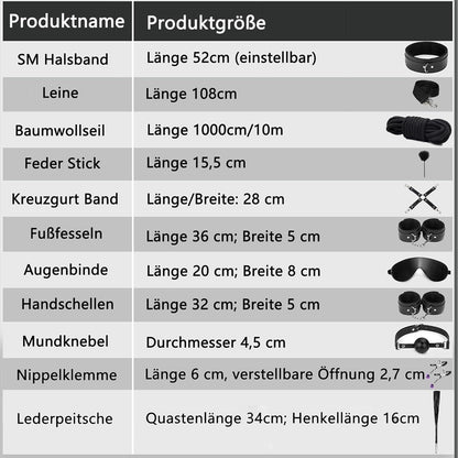 Bondage Set 10-teilig Handfesseln Augenbinde Peitsche SM Sexspielzeug