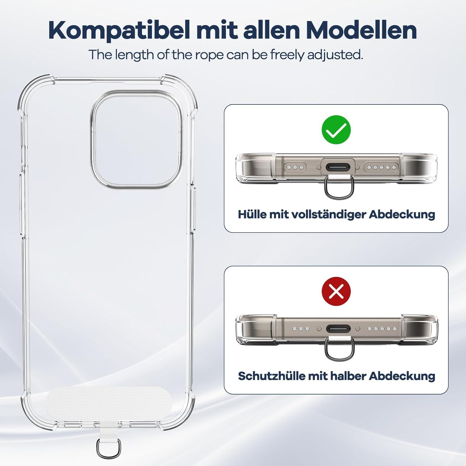 Caslord Handykette Universal für alle Smartphones - Schwarz Handygurt + 2 Stück Weiß Patch