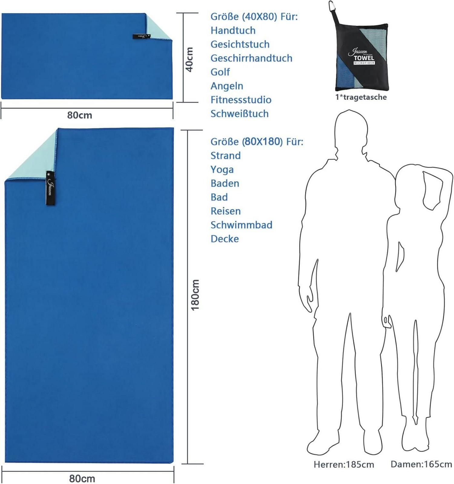 Mikrofaser Handtuch Set schnelltrocknend 2 Stück dunkelblau/aquablau 180x80cm+80x40cm
