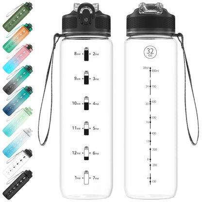 Sport-Wasserflasche mit Strohhalm und Zeitmarkierungen, auslaufsicher