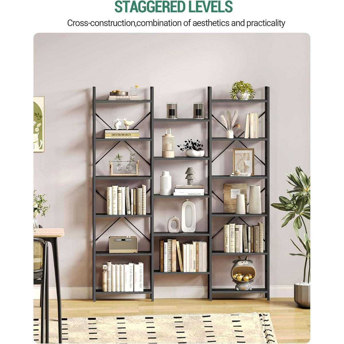6-Etagen Bücherregal Schwarz mit Holzmaserung – 17 Fachböden, 340 kg