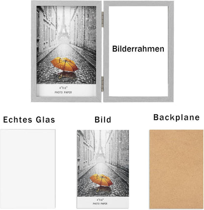 Doppelter Bilderrahmen 10x15 Holz Glasfront silbrig