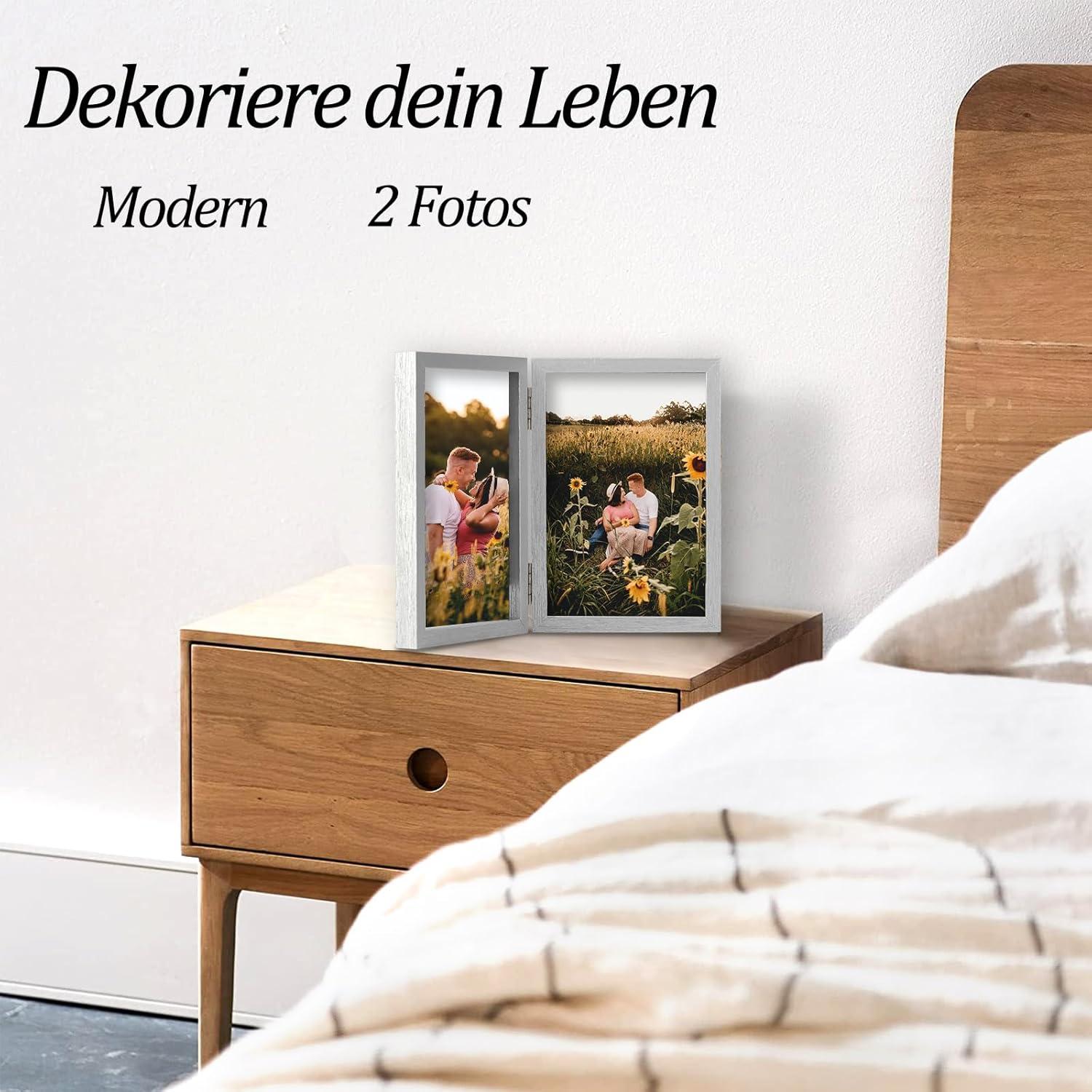 Doppelter 10x15 Bilderrahmen aus Holz mit Glasfrontständer - Silberfarben
