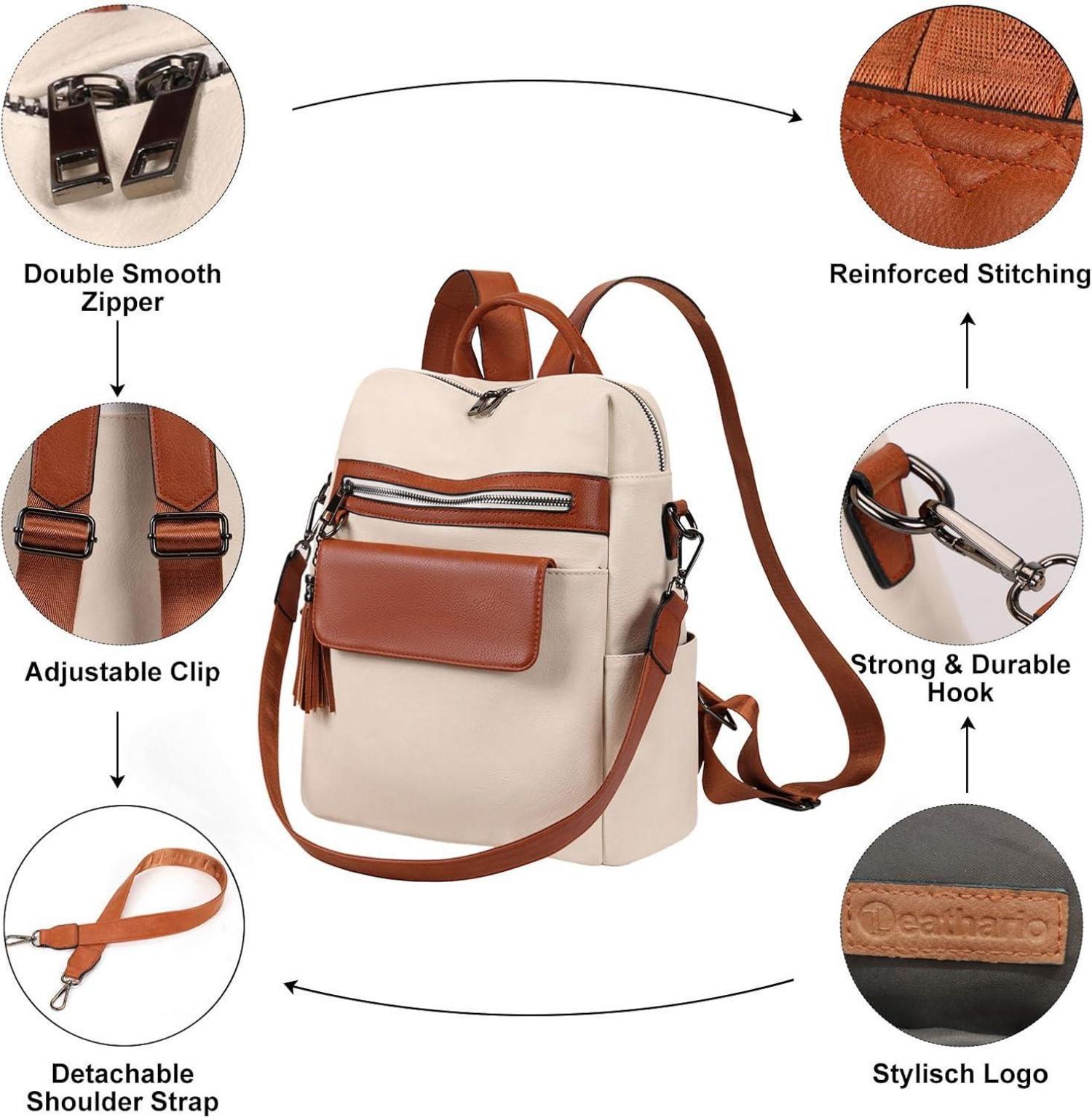 Leathario Damen Rucksack Cityrucksack Lederrucksack Wasserdicht Schwarz