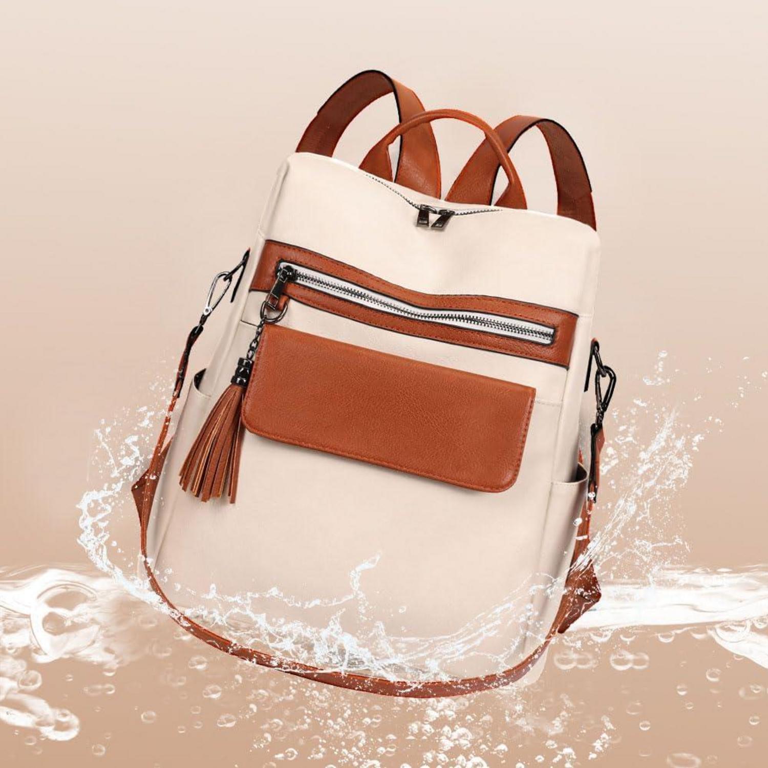 Damen Lederrucksack Schwarz Beige wasserdicht 2in1 33x16x36cm