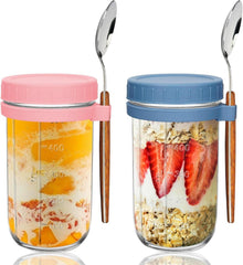 Müslibecher Glas 2er Set 600ml to go mit Löffel, auslaufsicher